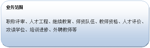 圆角矩形:业务范围职称评审、人才工程、继续教育、师资队伍、教师资格、人才评价、攻读学位、培训进修、外聘教师等